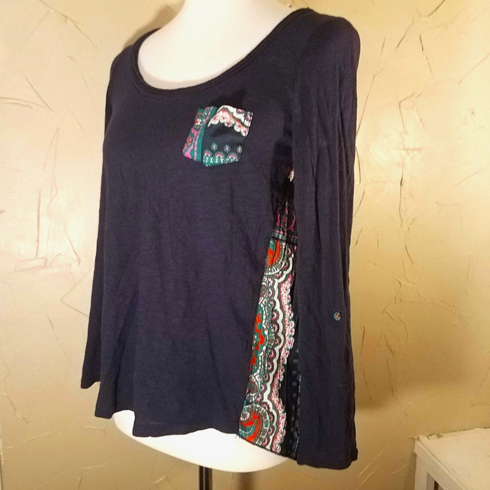 Anthropologie Navy Blue Paisley Flowy Long Sleeve Hi Lo Top Shirt Blouse Tunic - Picture 12 of 14